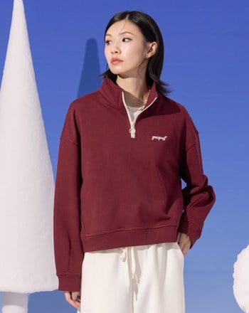 造型半開襟拉鍊側口袋短版上衣(兩色)