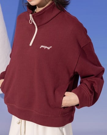 造型半開襟拉鍊側口袋短版上衣(兩色)