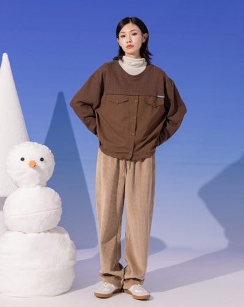 ➤異材質拼接抽繩傘狀大學T(兩色)