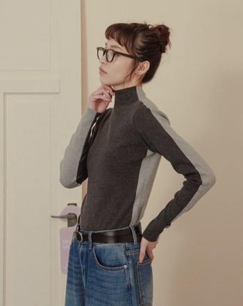 顯瘦撞色拼接高領針織上衣(兩色)