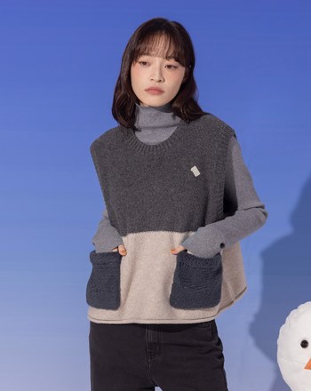 ➤QQ毛口袋配色毛衣背心(兩色)