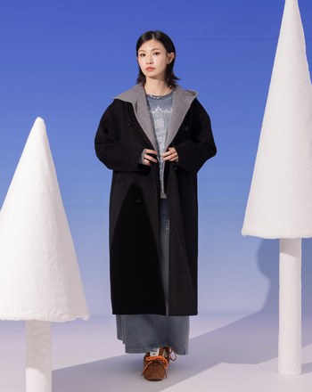 雙色拼接假兩件連帽羊毛長大衣(兩色)