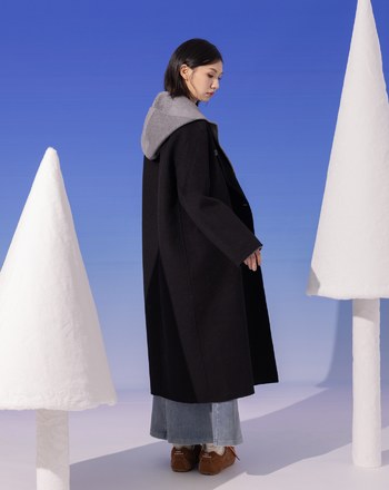 雙色拼接假兩件連帽羊毛長大衣(兩色)