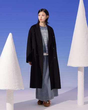 雙色拼接假兩件連帽羊毛長大衣(兩色)