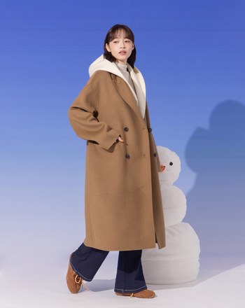 雙色拼接假兩件連帽羊毛長大衣(兩色)