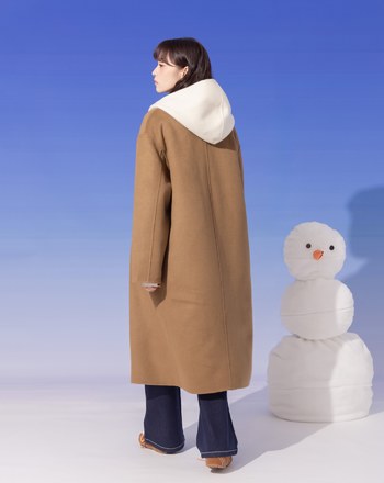 雙色拼接假兩件連帽羊毛長大衣(兩色)
