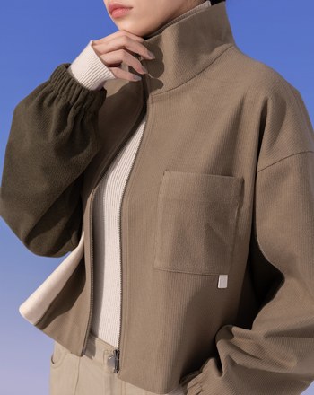 羊毛異材質拼色立領廓型外套