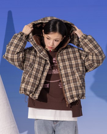 復古格紋可拆式連帽鋪棉外套