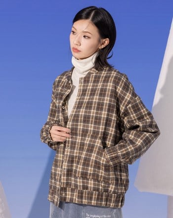 磨毛感復古格紋棒球領鋪棉外套