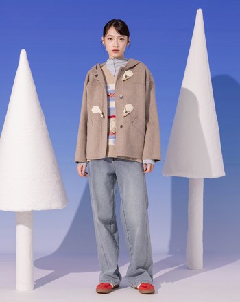 ➤造型牛角釦羊毛連帽短大衣