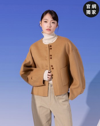 ➤無領落肩廓型羊毛外套