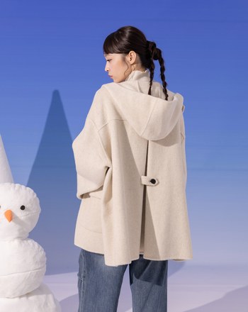 ➤緹花織帶牛角釦羊毛連帽短大衣(兩色)