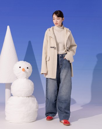 ➤緹花織帶牛角釦羊毛連帽短大衣(兩色)