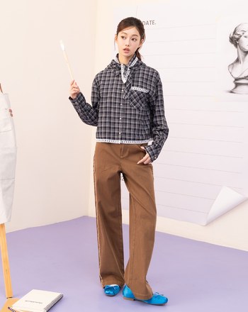 A｜復古格紋短版襯衫附蕾絲三角巾(兩色)