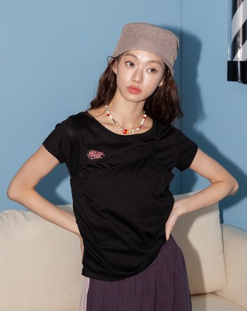 A｜假兩件輕薄抽皺收腰吊帶T恤(兩色)
