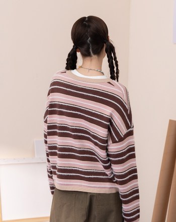 立體配色條紋短版開襟毛衣(兩色)