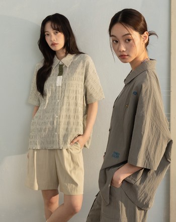 皺皺撞色門襟透氣連袖襯衫(兩色)