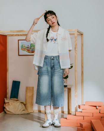 迪士尼系列 三隻小豬繡花拼色抗皺短袖襯衫(兩色)