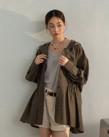 透氣抽皺造型連帽襯衫外套(兩色)