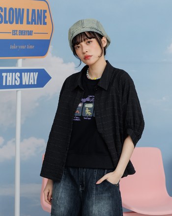 波點立體格紋澎澎短袖襯衫(兩色)