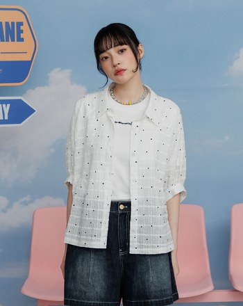 波點立體格紋澎澎短袖襯衫(兩色)