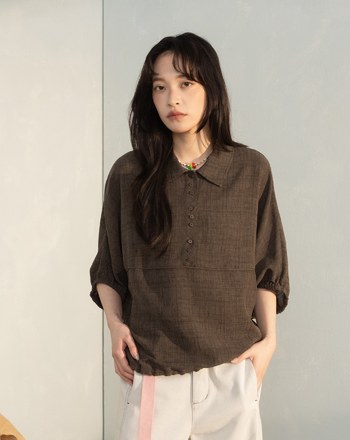 織紋弧形鬆緊連袖上衣(兩色)