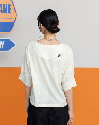 ➤格紋肌理抓褶微澎袖圓領上衣(三色)