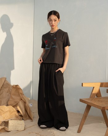 口袋框車線透氣鬆緊打褶寬褲(兩色)