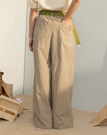 口袋框車線透氣鬆緊打褶寬褲(兩色)