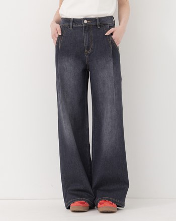 ◢3.0 零著感Q彈打褶牛仔寬褲(煙灰藍)