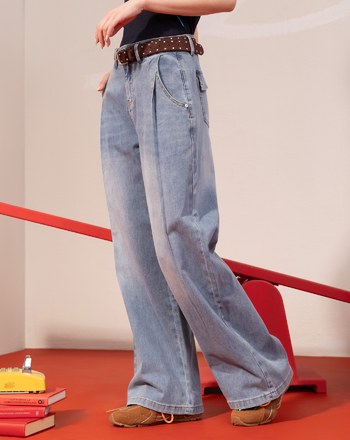 ◢3.0 零著感Q彈打褶牛仔寬褲(淺藍)