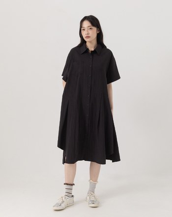 ➤細條紋不對稱打褶涼感襯衫洋裝(兩色)