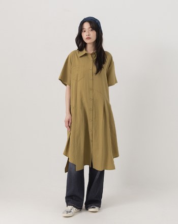 ➤細條紋不對稱打褶涼感襯衫洋裝(兩色)