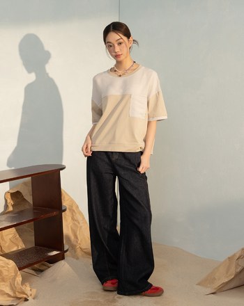 異材質拼接口袋造型涼感T恤(兩色)