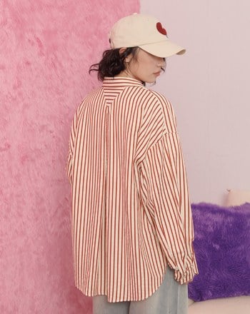 條紋寬鬆落肩長袖襯衫(兩色)