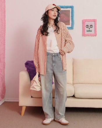 條紋寬鬆落肩長袖襯衫(兩色)