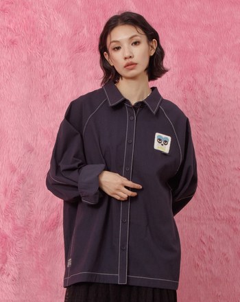 毛毛小臉撞色壓線長袖襯衫(兩色)