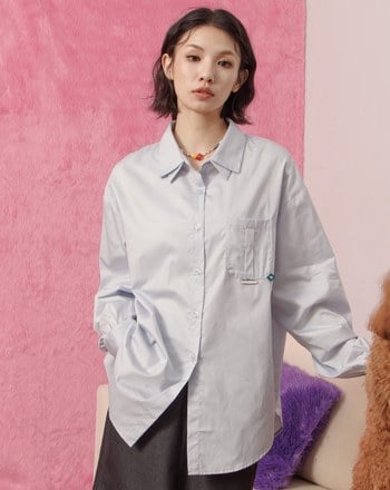 假兩層領落肩純棉長袖襯衫(兩色)
