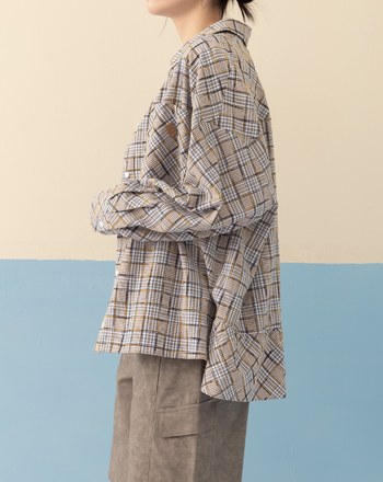 波浪下擺格紋寬鬆襯衫(兩色)