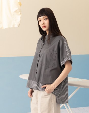 抗皺條紋拼接短袖襯衫(兩色)