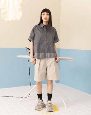 抗皺條紋拼接短袖襯衫(兩色)