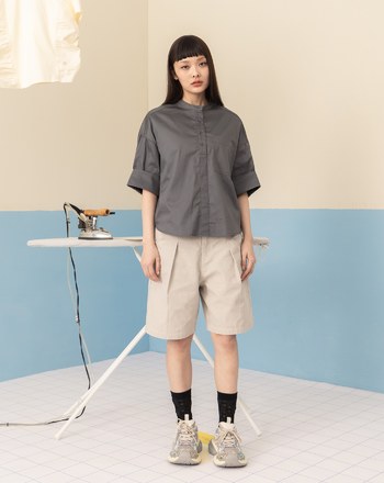 法式翻袖半開襟短袖襯衫(兩色)