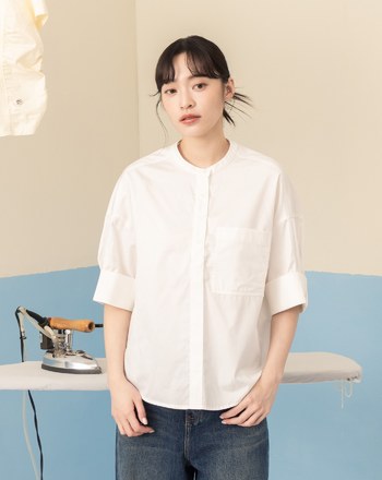 法式翻袖半開襟短袖襯衫(兩色)