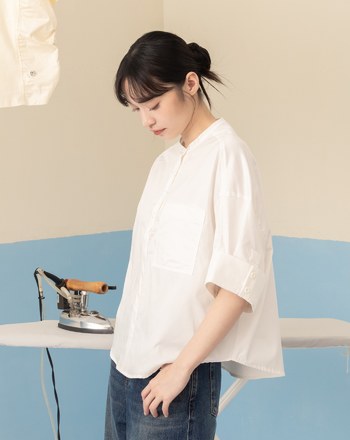 法式翻袖半開襟短袖襯衫(兩色)