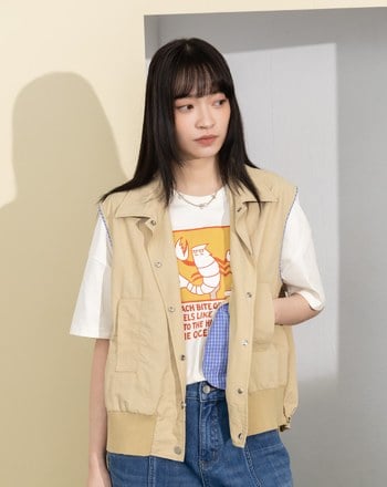 透氣防曬格紋滾邊下擺抽繩背心(兩色)