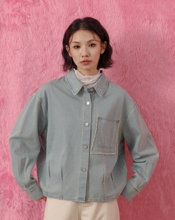 復古刷色抓褶造型牛仔襯衫(兩色)