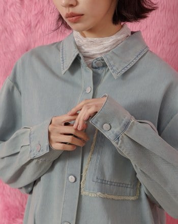 復古刷色抓褶造型牛仔襯衫(兩色)