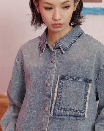 復古刷色抓褶造型牛仔襯衫(兩色)