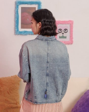 復古刷色抓褶造型牛仔襯衫(兩色)