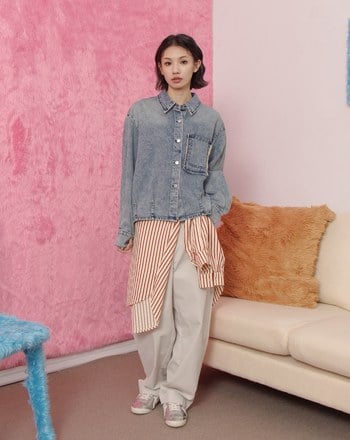 復古刷色抓褶造型牛仔襯衫(兩色)